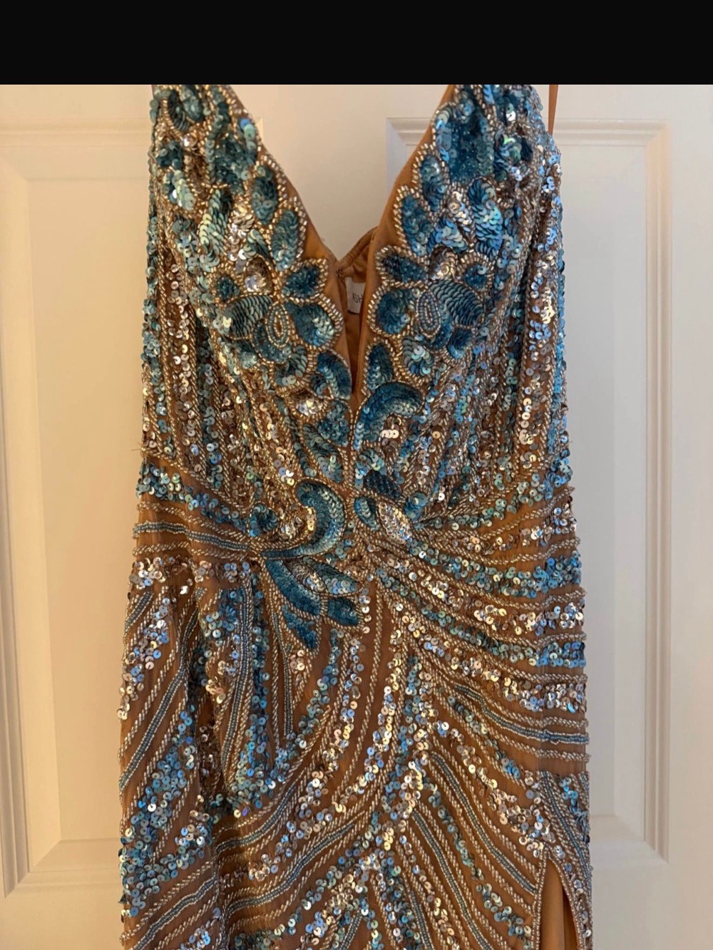 Sequin-Embellished Nude Prom Gown with Teal Accents - Picture 4 of 4